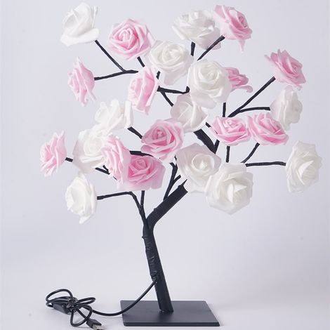 USB-LED-Bonsai-Tischlampe, dekorative Leuchte für Schlafzimmer und Weihnachten, weißes und rosa Nachttischlicht mit 24 LEDs (1/5)