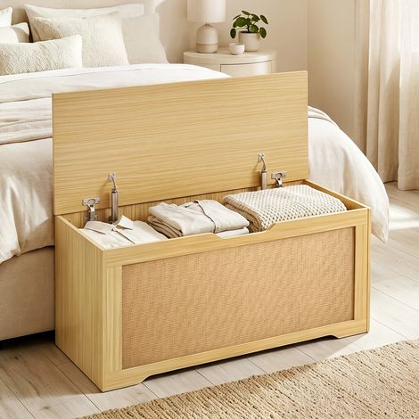Coffre de Rangement en Rotin 136L, Banc Coffre avec Couvercle Relevable et 2 Charnières de Sécurité, Chêne (1/5)