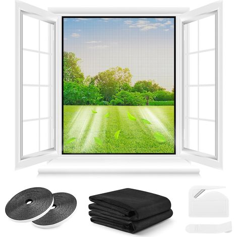 Fenster-Moskitonetz, 2er-Set – 210 x 250 cm – Schwarz, kein Bohren erforderlich, inklusive Cutter und Kleber, auf die gewünschte Größe zuschneidbar
