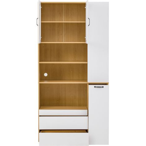 Credenza alta in MDF bianco e naturale con ripiani regolabili, cassetti e vetro rigato (1/5)