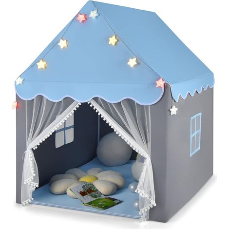 COSTWAY Kinderspielhaus mit Sternenlichter, Prinzessin Prinzess Kinderzelt mit Fenster & Matte, Spielzelt mit doppeltem Vorhang, Kinderspielzelt, Kinderspielburg Blau (1/5)
