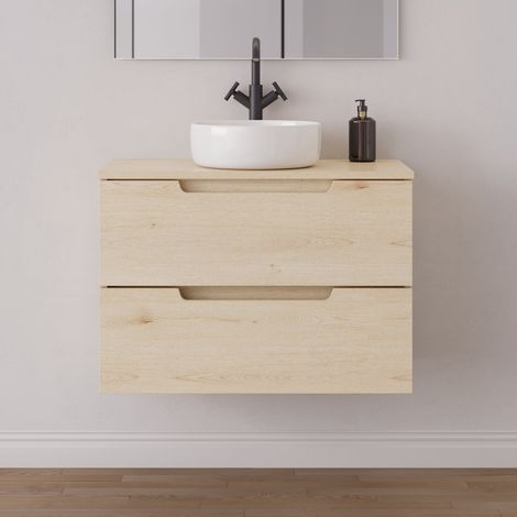 Meuble de salle de bain 80cm avec plateau et vasque à poser ronde - 2 tiroirs - sans miroir - roble calima (bois clair) - SONRIZA (1/5)