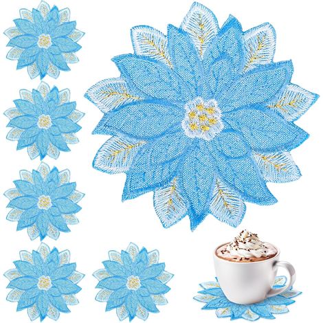 Posavasos navideños bordados (10 unidades), de doble capa, con apliques azules y flores de Pascua, ideales para fiestas de invierno, hogar, cocina y decoración de mesa (10 x 10 cm)
