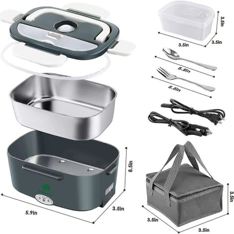 Boîte repas électrique 3-en-1 pour voiture, camion et bureau, réchauffeur portable 220V & 12V 24V, chauffe-aliments en acier inoxydable (1/2)