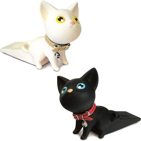 Lot de 2 butées de porte, motif chat, PVC, blanc/noir