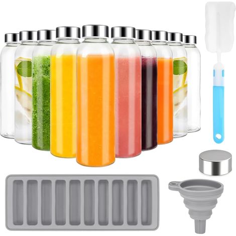 10 Bouteilles en verre, 540ml, Couvercle acier inoxydable, Étanche, Avec brosse entonnoir bac à glaçons, Pour jus smoothies pique-nique (1/5)