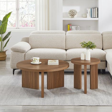 Tavolini da Salotto Rotondi con Superficie Scanalata, Set di 2 Tavolini per Soggiorno e Ufficio, MDF, Noce (1/5)