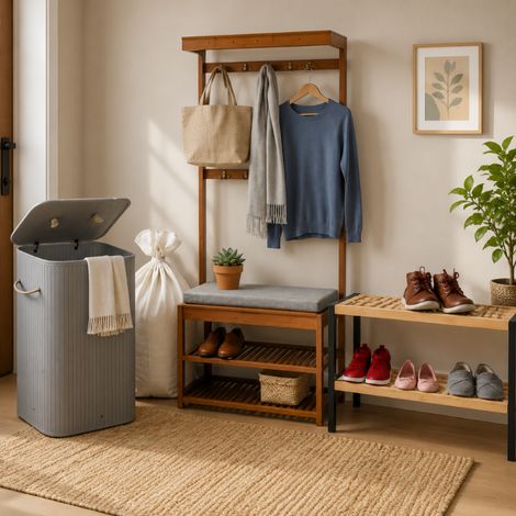 Bamboo Entryway Organizer Set (3-Piece) – Laundry Bin, 3-Tier Shoe Rack & Coat Rack Bench