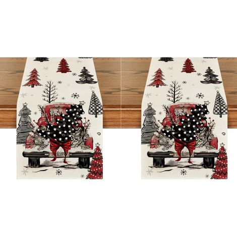 Camino de mesa navideño con árbol de Navidad, camión rojo y copos de nieve, decoración invernal para la cocina, 33 x 183 cm (2 piezas) (1/5)
