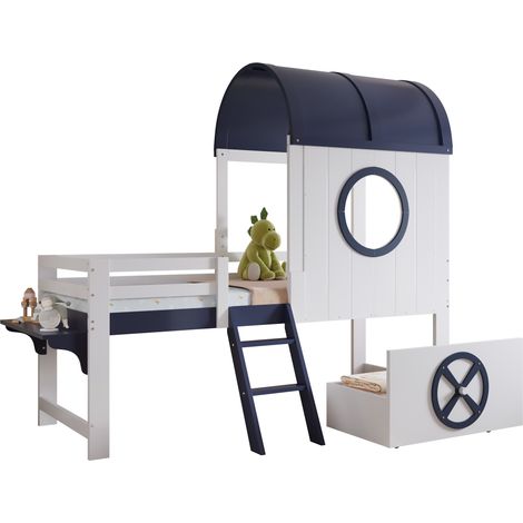 Lit mi-hauteur enfant 90x200 cm avec toit, fenêtres, tiroir à roulettes, échelle inclinée 2 marches, rangement et étagère, blanc et bleu foncé  CHICFURN (1/5)