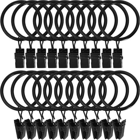 Lot de 20 anneaux de rideau avec pince métallique, robustes et antirouille, pour tringle à rideau, compatibles avec la plupart des rideaux de douche, noirs. (1/5)