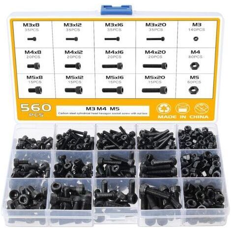 560PCS M3 M4 M5 Assortiment de Vis 6 Pans, Vis avec Écrous Assortiment, Vis à Tête Cylindrique à Six Pans Creux en Acier Carbone 12.9, Assortiment d'Écrous et Rondelles avec Clés (1/5)