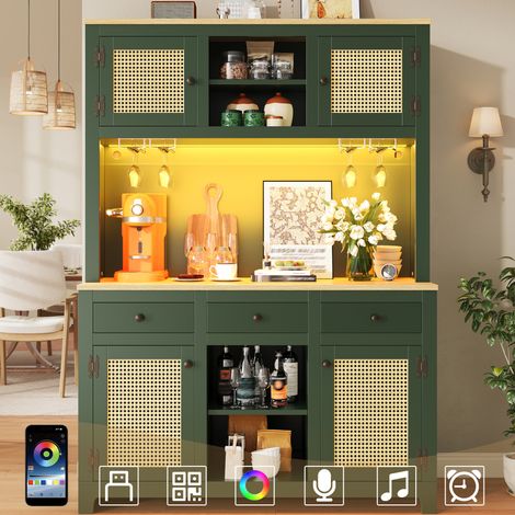 Armoire haute vert antique avec LED, portes effet rotin PE et tiroirs, 120x40x180 cm (1/5)