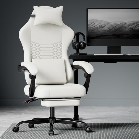 Gaming-Stuhl aus Stoff mit Lendenmassage – Ergonomischer Racing-Bürostuhl – Fußstütze – max. 136 kg – Weiß