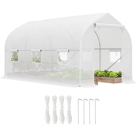 Serre de jardin, en métal, blanc, pour jardin et terrasse, métal et PE, 4 x 2 x 2 m, Serre tunnel anti-UV avec 6 fenêtres en maille et entrée roulable