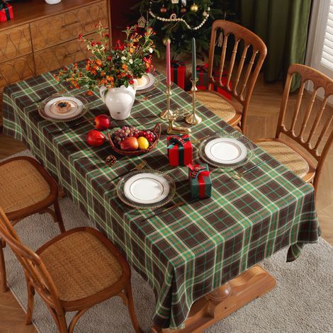 Christmas Tablecloth, Christmas Plaid Tablecloth, Rectangular Tablecloth Retro Cotton Plaid Tablecloth, Christmas Holiday Decoration Tablecloth (Coffee Green, 140×200cm) (1/5)