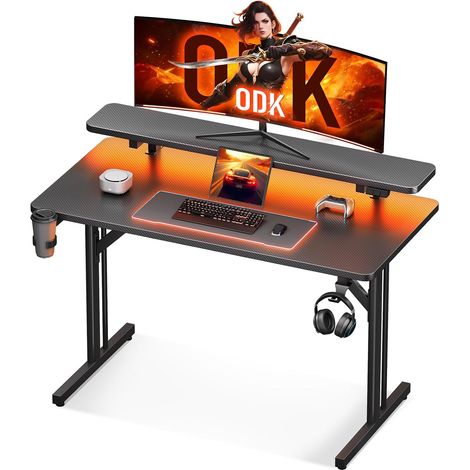 Bureau Gaming LED, 80 cm avec Support Moniteur, Noir Carbone Table Gaming LED avec support écran, porte-gobelet et crochet casque pour une installation gaming complète. (1/5)