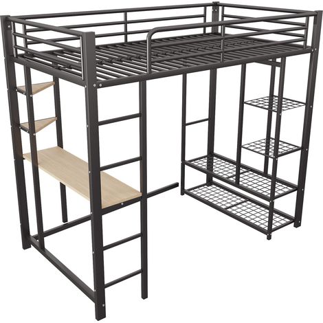 Cama alta 90 x 200 cm con escritorio y almacenaje de metal negro (1/5)