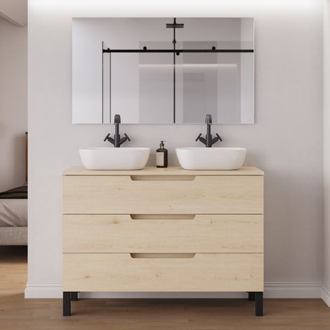 Meuble de salle de bain 120cm avec plateau et 2 vasques à poser arrondies - 3 tiroirs - roble calima (bois clair) - RIZA (1/5)