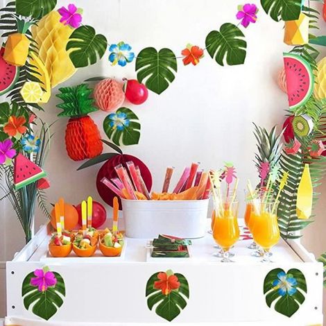 Décoration Artificielle Palmier Tropical - 30 Feuilles 20 cm + 30 Fleurs Hibiscus 10 cm - 6 Couleurs Vives - 60 Pièces (1/4)