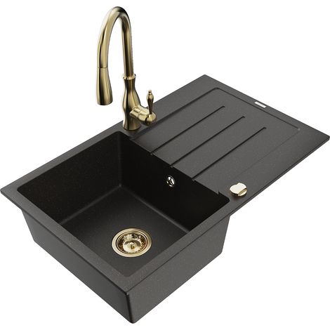 Mexen Bruno lavello in granito a 1 vasca con sgocciolatoio e miscelatore da cucina Savita, nero/oro metallizzato (1/5)