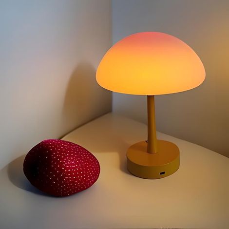 Lampe de table champignon rechargeable lumière chaude, base jaune, lampe tactile style crème pour chevet chambre (1/4)