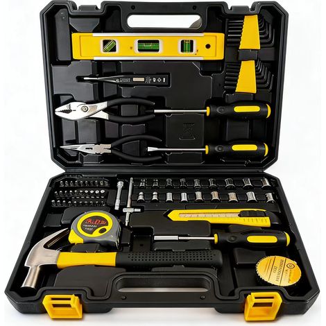 Coffret d'outils multifonctionnel 78 en 1 de qualité professionnelle pour le bricolage à domicile, Testeur de tension numérique, pinces, marteau à griffes, mètre ruban 3M, jeu de clés à douille