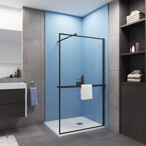 Paroi de douche à l'italienne cadre noir 90x200cm installé avec une barre de fixation en cylindrique,livré avec étagère de douche noir