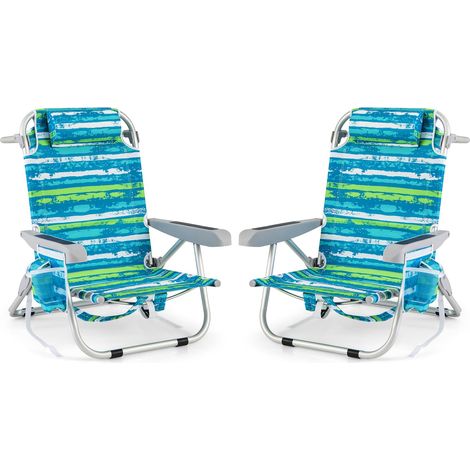 COSTWAY Set di 2 Sedie da Spiaggia, Sdraio Pieghevole a 5 Posizioni con Portabicchieri, Poltrona da Spiaggia con Cuscino per Testa e Zaino, Sedia da Campeggio Portatile, Portata 150 kg (Blu e Verde,2) (1/5)