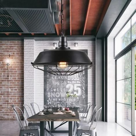 Lustre Luminaire Vintage en Métal Noir - Yowei - Suspension Industrielle - Style Retro Moderne - E27 - Max 40W (1/4)