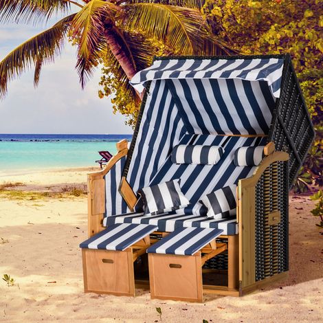 Chaise longue de plage Outsunny 5 niveaux bain de soleil double avec auvent porte-gobelets rotin PE 118x79x160 cm