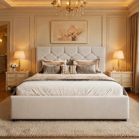Cama tapizada 140x200 cm, con cama nido, con somier, capitoné con botones, terciopelo beige (1/5)