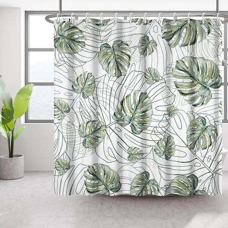 Feuille de Palmier Rideau de Douche Vert Jungle Tropical Feuille Rideau de Douche Fil Gris Rideau de Douche pour la Maison 12 Crochets Polyester étanche 183x183cm (1/5)