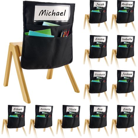 VEVOR Chair Pockets for Classroom, 12 Pack, 18 x 20 Inches Chairback Buddy Pocket with Name Tag, Back of Chair Organizer for Kids in Classroom, Kindergarten, School, and Home, Black (1/5)