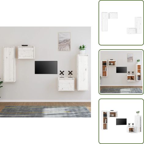 Meubles TV 4 pcs Blanc Bois massif de pin - Meuble Tv - Meuble Suspendu - Rangement Mural - Bibliothèque Murale - Décoration Murale (1/5)