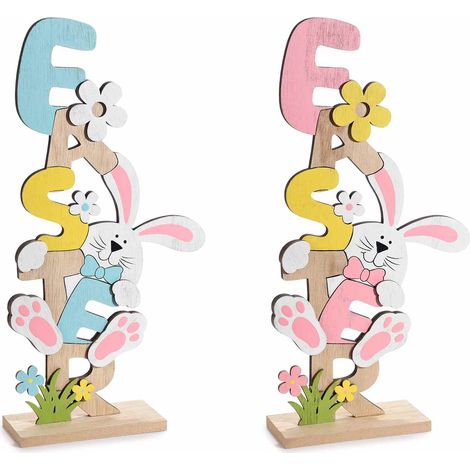 Scritta pasquale Easter in legno colorato con conigli e fiori, set da 6 pezzi, cm 18 x 6 x 35 H