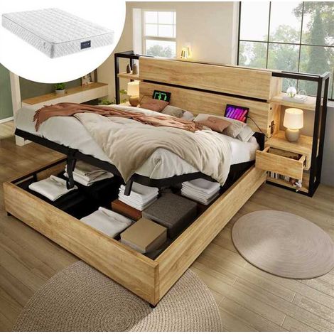 Letto matrimoniale 160x200 cm rovere in MDF e metallo con contenitore, USB, Type-C e materasso (1/5)