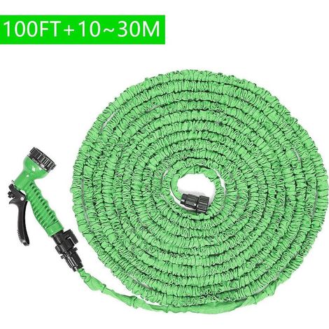 Tuyau d'arrosage, 100FT tuyau d'arrosage rétractable + pistolet d'arrosage 7 fonctions, Tuyau d'arrosage extensible jusqu'à 3 fois, vert (1/5)