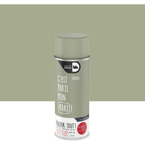 Bombe de peinture aérosol kaki satiné 400 ml – Ultra-couvrante pour métal, bois, verre – Application directe sans sous-couche – Maison Deco