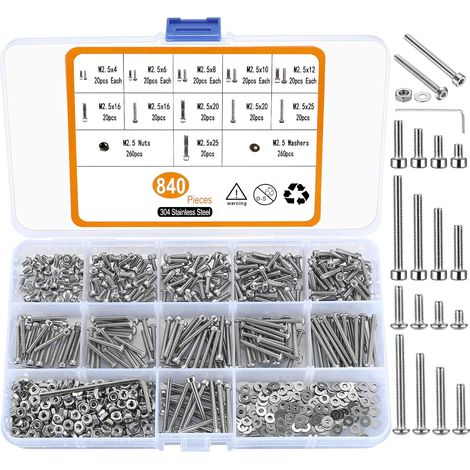 840 Pcs M2.5 Small Metric Screws with Nuts,  Hex Socket Head Cap and Nut Assortment Kits,  Stainless Steel Replacement Machine Fastener Screws and Bolt Nuts (1/5)