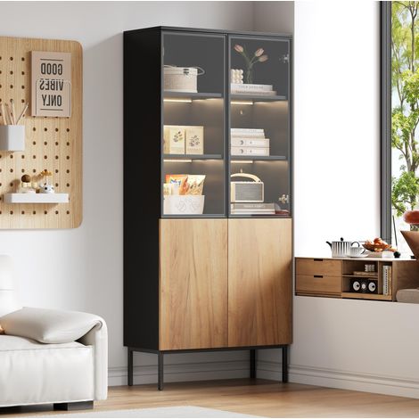 Vetrina in vetro 180 cm con LED, 4 ante, ripiani regolabili, nero e rovere OKMYHOME (1/5)