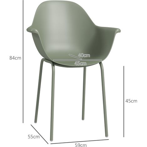 Ensemble de 4 chaises de jardin avec dossier et accoudoirs, résistantes aux intempéries, supportant jusqu'à 120 kg, en plastique et métal, vertes. (1/5)