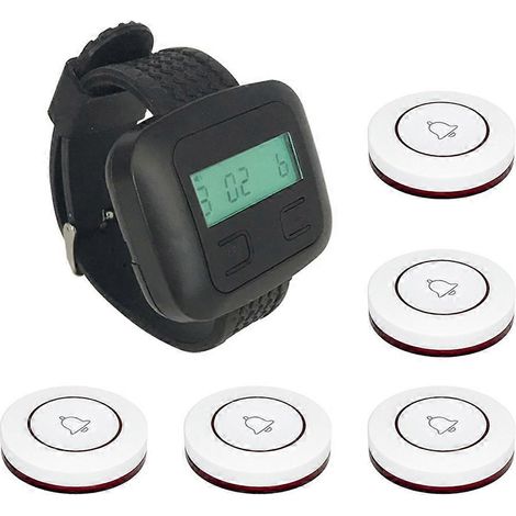 Le système d'appel sans fil pour restaurant comprend 5 boutons d'appel de table, 1 pager-montre et une sonnette pour le service des serveurs. (1/5)