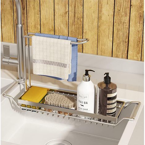 Organisateur Extensible d'évier pour Cuisine Porte Éponge avec Porte-Serviettes en Acier Inoxydable Repose Éponge Évier Rangement Éponge Cuisine pour Pinceau und Torchon (Grand, Argent) (1/5)