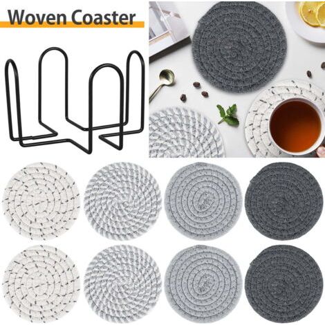 Lot de 8 sous-verres en coton avec support, antidérapants et isolants thermiques, ronds, pour plats chauds, cuisine et bureau. (1/5)