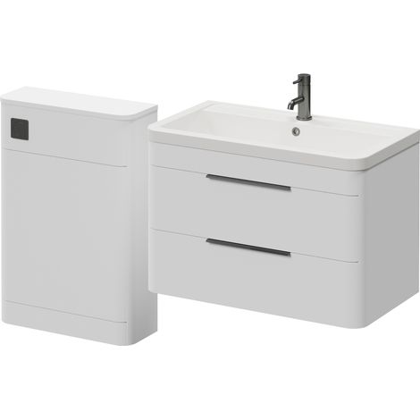Oslo Gloss White 1350mm Wall Mounted Vanity Unit Toilet Suite with Leni Basin - 1350mm - Gunmetal Grey 300mm Finger PullWithout Jubilee Toilet Pan