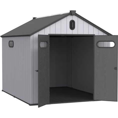 Abri de jardin en résine 235x285x231 cm avec toit en pointe et porte à 180° pour stockage d'outils (1/5)