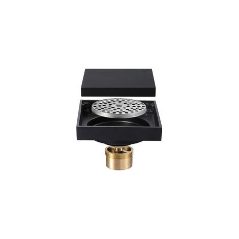 Siphon de Sol de Douche carré Invisible 100 x 100 mm avec Inserts de carrelage Amovibles dans Le Couvercle de la Grille, Siphon de Sol en Laiton, Noir
