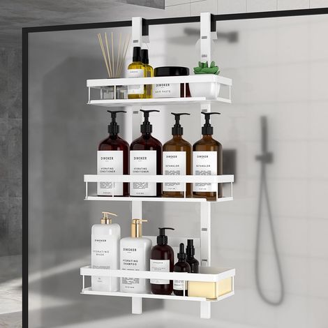1 - Etagere Douche - Porte Shampoing - Suspension Sans Percage - Réglable en Hauteur pour Bouteilles Diverses &43 Drainage Rapide et Anti-Rayures [Verre et Portes] Noir 3 Niveaux