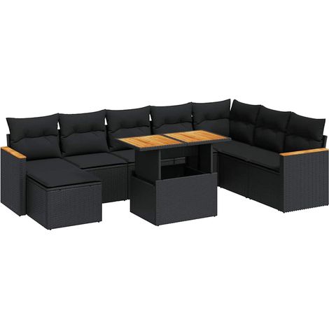 Set sofás jardín y cojines 9 pzas ratán sintético acacia negro vidaXL (1/5)